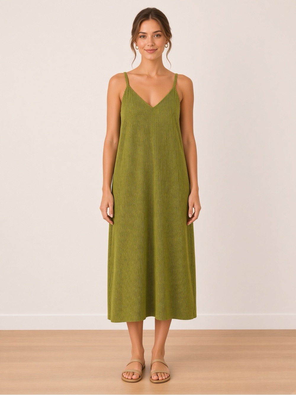 Zara Chartreuse Black Check V-Neck Slip Dress